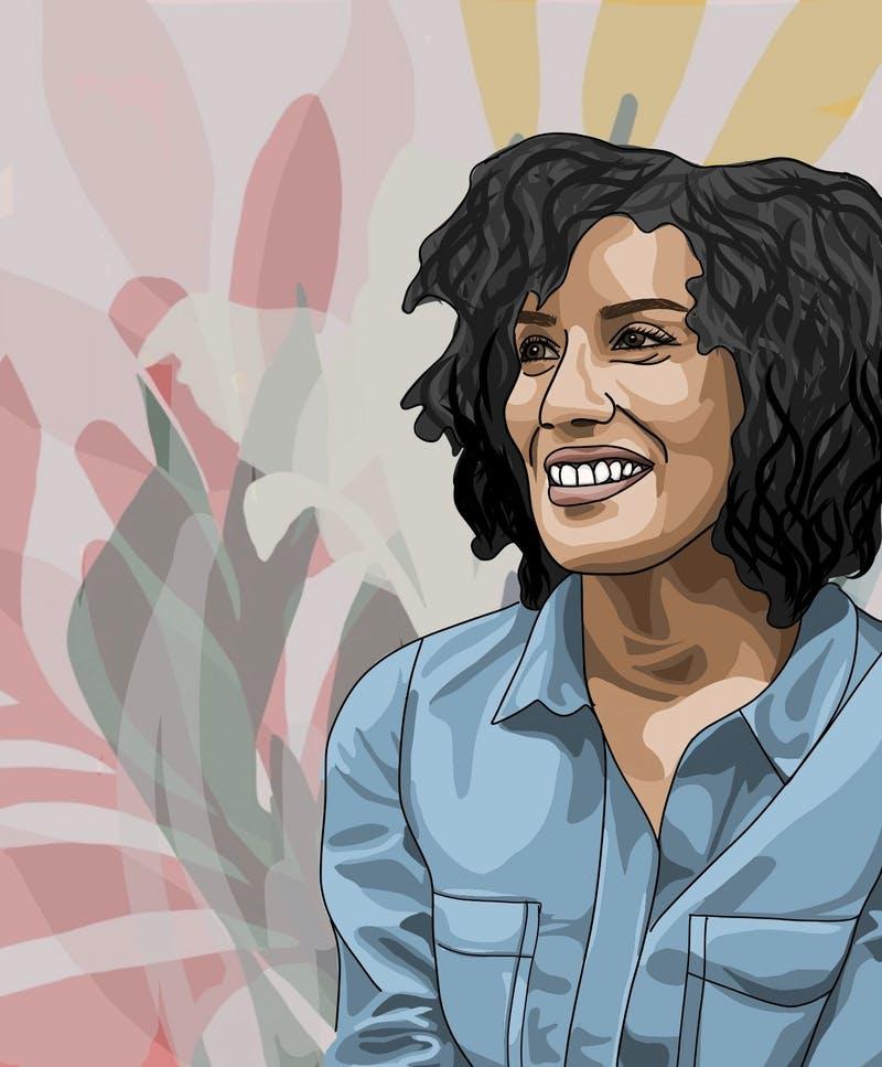 illustration of Watson Fellow and Poet Aracelis GIrmay wearing light blue denim shirt, with giant pink, green, and yellow flowers in the background