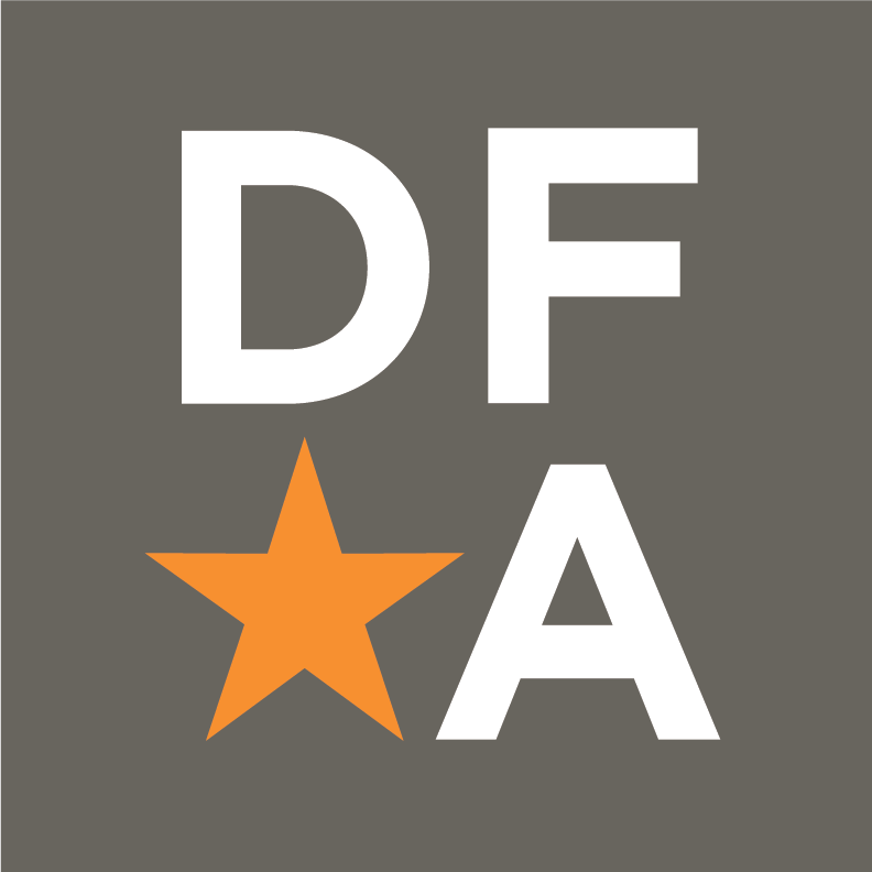 white letters on grey background spell out DFA with an orange star in the bottom left