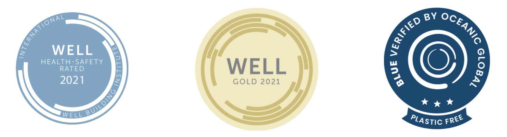 Watson's seals for WELL gold, WELL healthy safety rated, and 3-Star Seal with Oceanic Global's Blue Standard