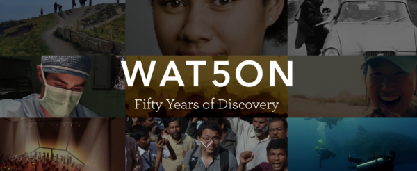 banner composed of numerous photos of Watson Fellows engaged in activities like snorkeling and interviewing, faded, with white text spelling WAT50N superimposed on top
