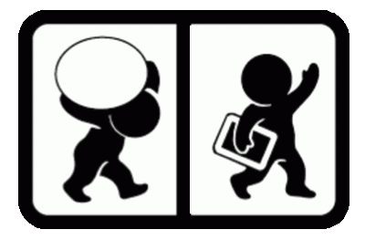 MV Foundation Logo, illustration of cartoon human figure carrying a big white ball on the left, illustration of same figure carrying at tablet under the arm on the right