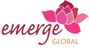 Emerge Global logo, pink text saying "Emerge" with a pink lotus flower on the right, the word "Global" in yellow below