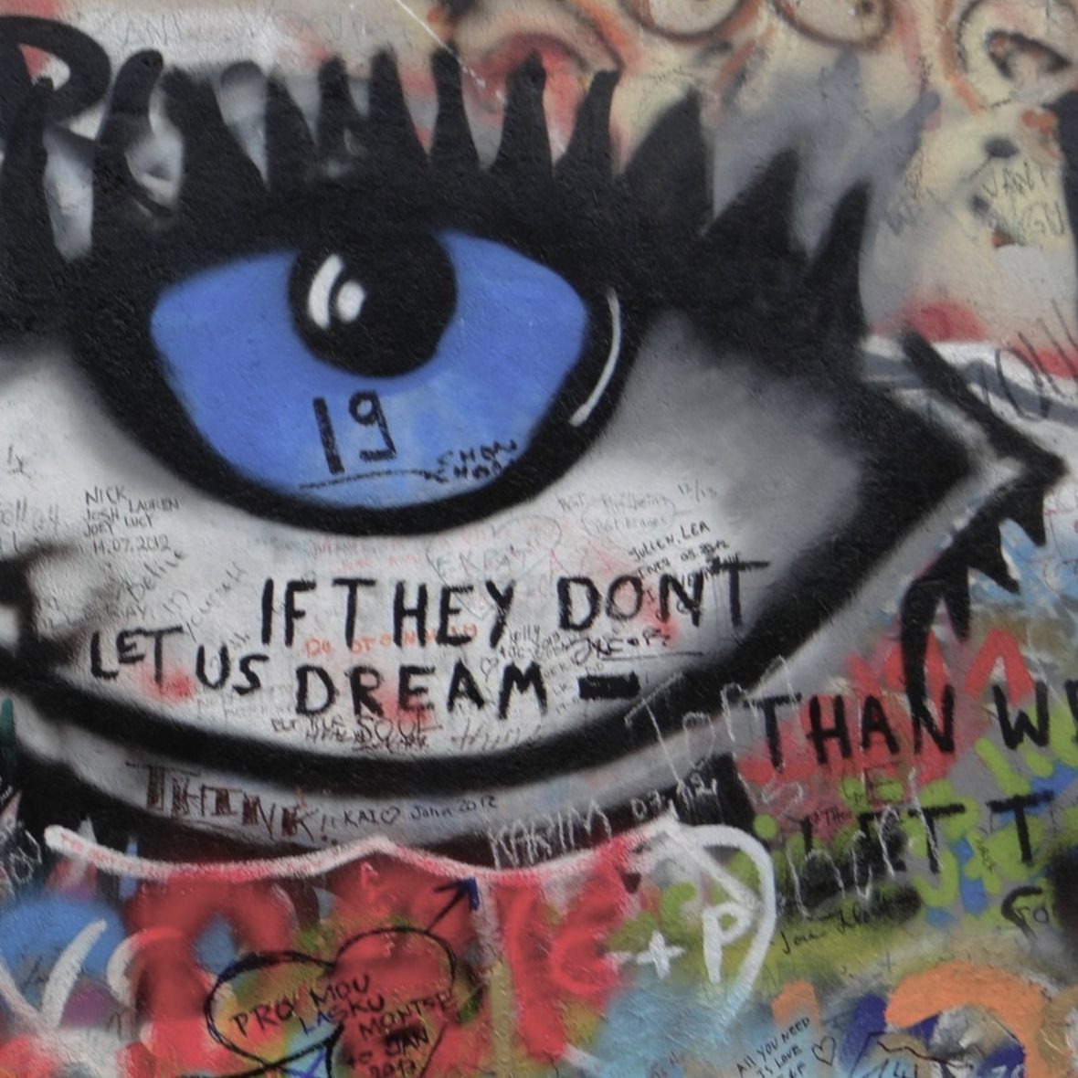 graffiti of a blue eye on a wall with the words "IF THEY DON'T LET US DREAM" written on the white part of the eye